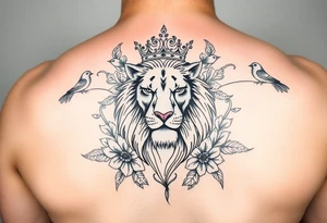 powerful majestic lion with a crown, surrounded by floral ornaments and birds tattoo idea