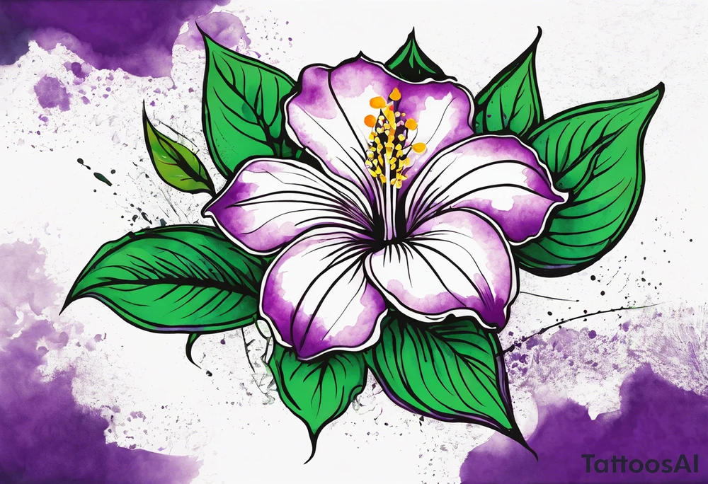 An outline of a rio dipladenia flower with a green and purple watercolor splash in the background tattoo idea