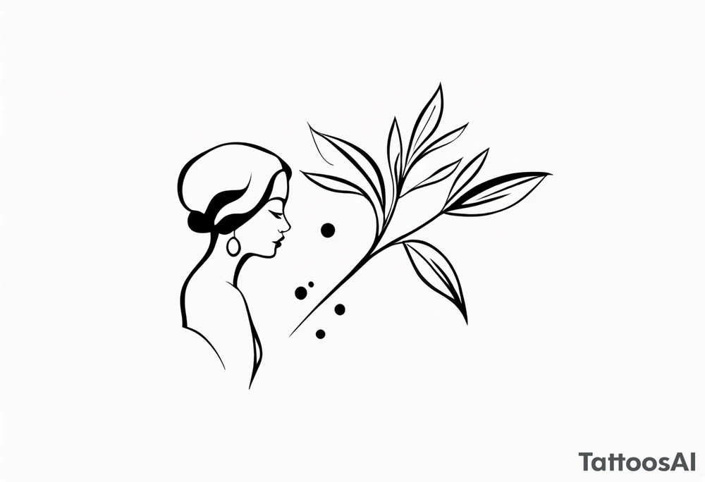 tiny tattoo outline of a woman and olive branch and four dots tattoo idea