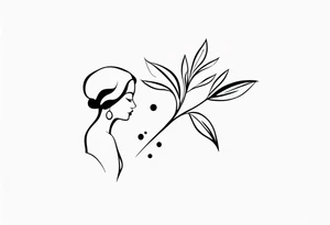tiny tattoo outline of a woman and olive branch and four dots tattoo idea