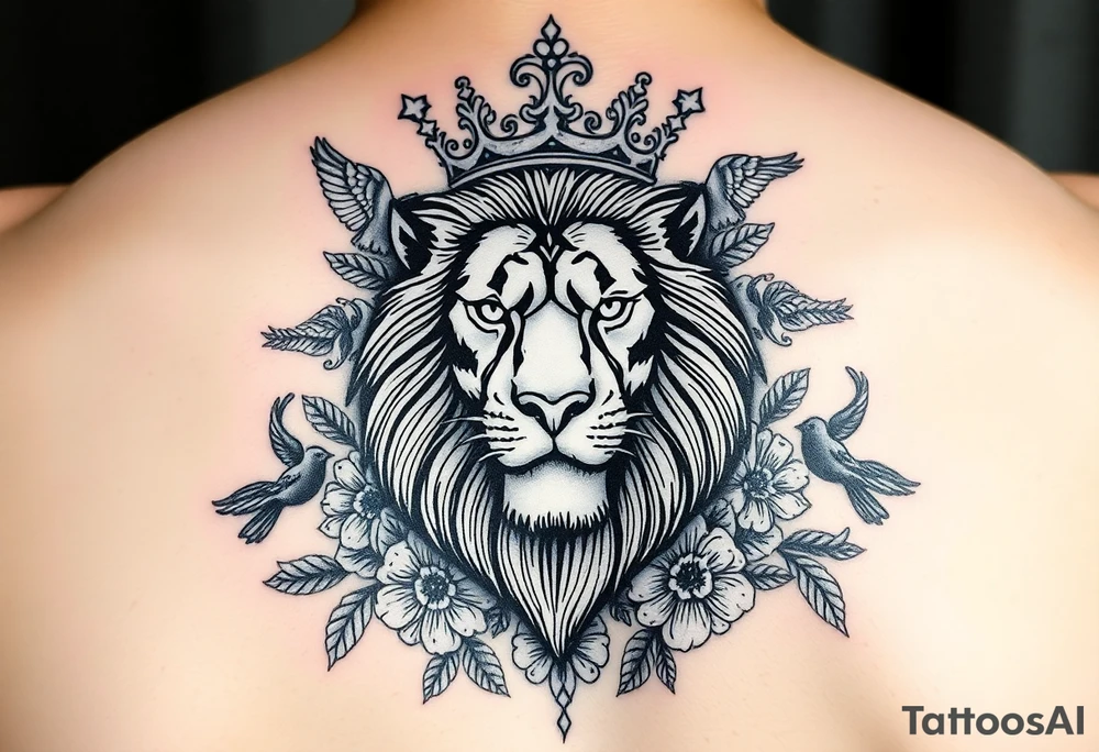 powerful majestic lion with a crown, surrounded by floral ornaments and birds tattoo idea