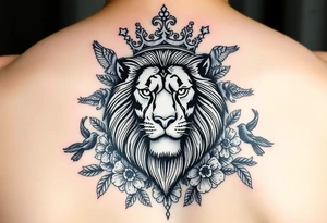 powerful majestic lion with a crown, surrounded by floral ornaments and birds tattoo idea