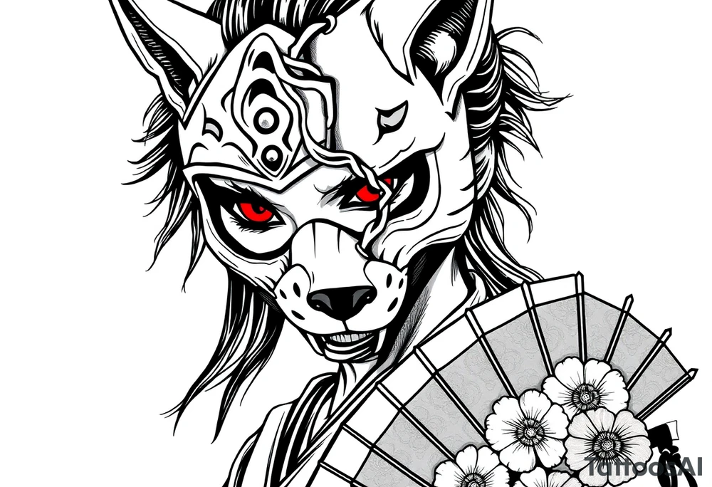 Woman samurai with red eyes, wearing an half and broken fox mask, wearing a japanese fan with irises. tattoo idea