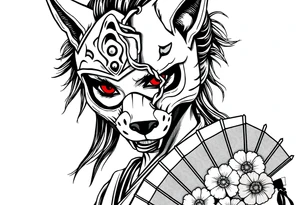 Woman samurai with red eyes, wearing an half and broken fox mask, wearing a japanese fan with irises. tattoo idea