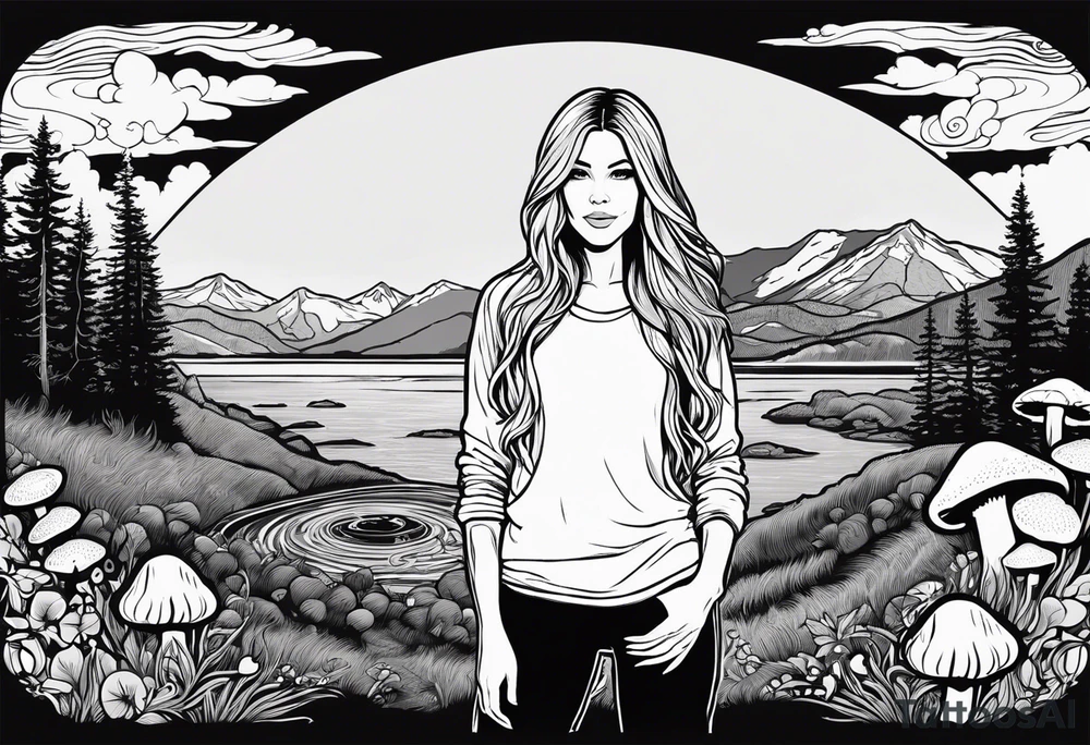 Whole picture encircled fully

Straight long blonde hair hippie girl in distance holding mushrooms in hand facing away toward mountains and creek surrounded by mushrooms long sleeve shirt and hiking pants; whole rendering within a full celtic circle border, no cut off circle tattoo idea