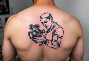 film reels cinematic person holding a camera and theatre screen tattoo idea