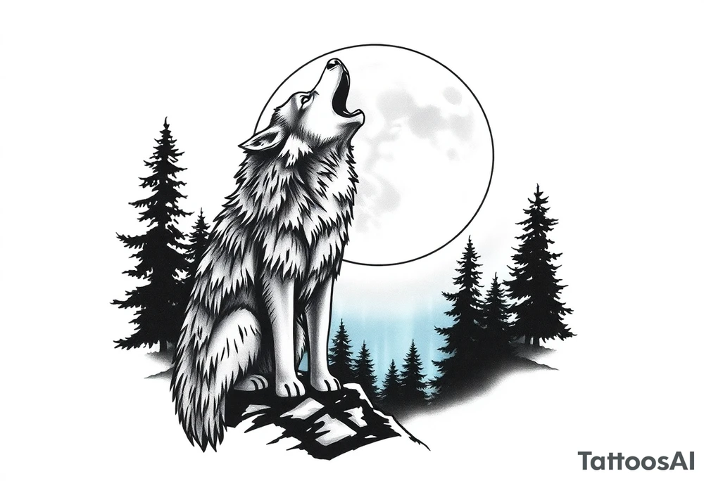 lone wolf howling at full moon with northern lights backdrop tattoo idea