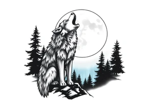 lone wolf howling at full moon with northern lights backdrop tattoo idea