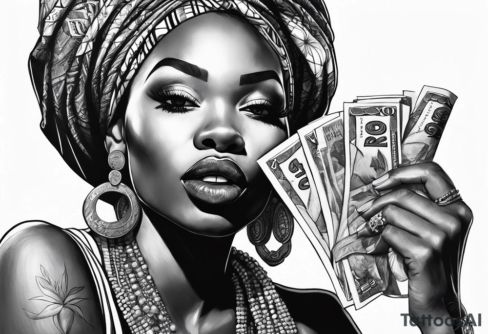 african woman biting money tattoo idea