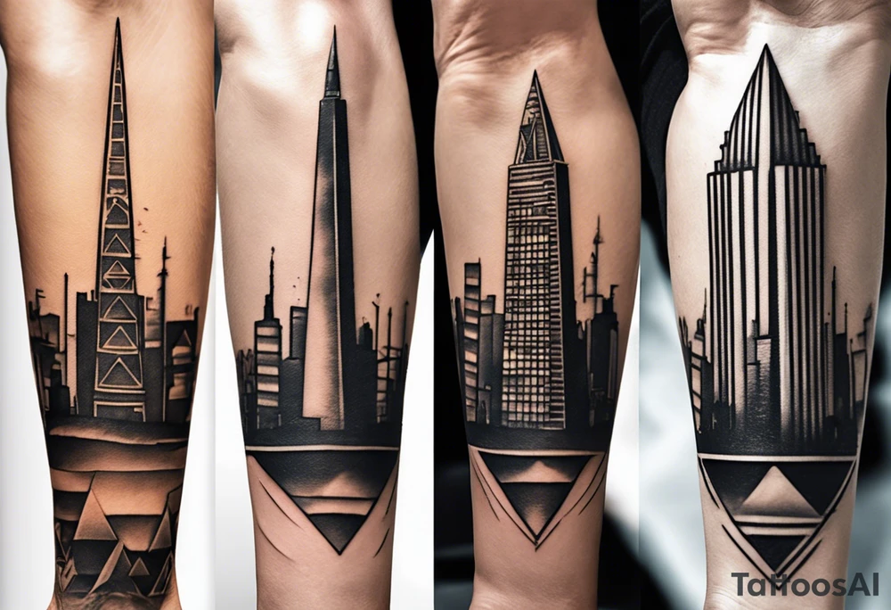 Create a visually dynamic tattoo that seamlessly blends the timeless elegance of the three Pyramids of Giza with the modern allure of the Manhattan skyline. Envision the pyramids standing majestically, perhaps incorporating subtle Egyptian motifs like hieroglyphs or an ankh, transitioning smoothly into the iconic structures of New York, such as the Empire State Building and One World Trade Center. tattoo idea