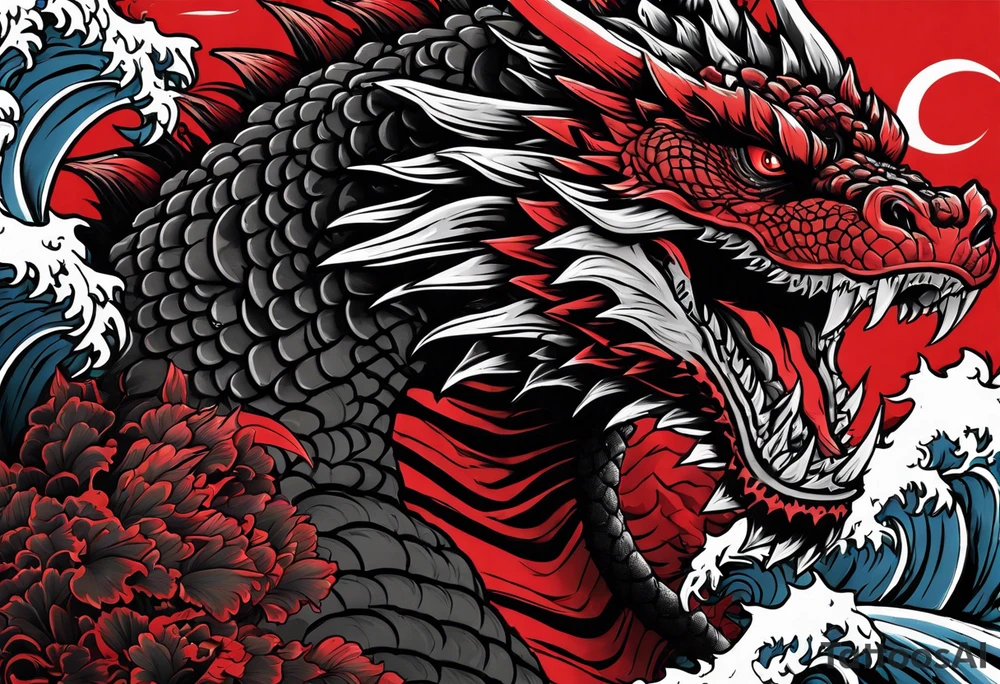 godzilla inspired dragon irezumi arm sleeve in black and red with water and lightning tattoo idea