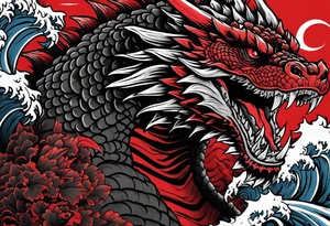 godzilla inspired dragon irezumi arm sleeve in black and red with water and lightning tattoo idea