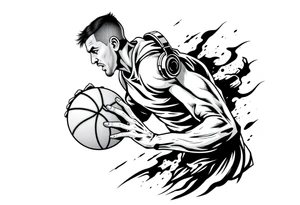 A guy dribbling a basketball with headphones on tattoo idea