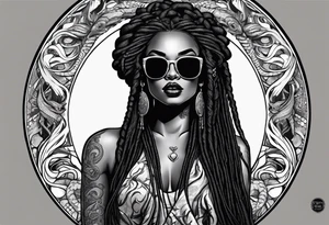 medusa as a beautiful black women with long black dreadlocks and one arm tattooed with snake skin and the other arm tattooed with marble, wearing large black sunglasses, streetwear tattoo idea