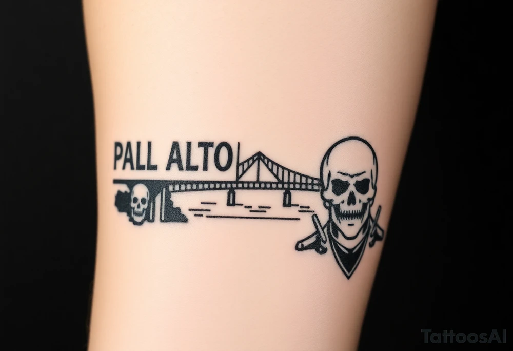 “East Palo Alto” city sign and “Newark” city sign on opposite sides of a bridge going across water in California with skulls and money and  scarface tattoo idea