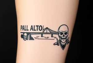 “East Palo Alto” city sign and “Newark” city sign on opposite sides of a bridge going across water in California with skulls and money and  scarface tattoo idea