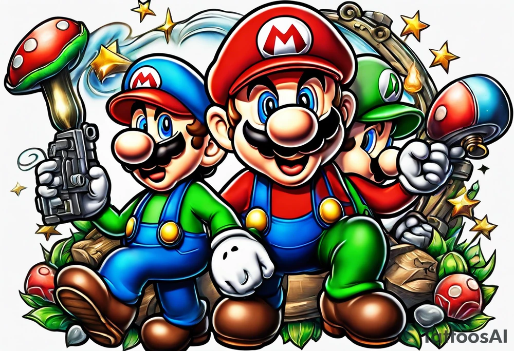 Mario and Luigi big muscles with toadstool and cannons and bombs stars machine guns tattoo idea