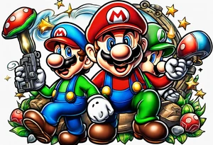 Mario and Luigi big muscles with toadstool and cannons and bombs stars machine guns tattoo idea