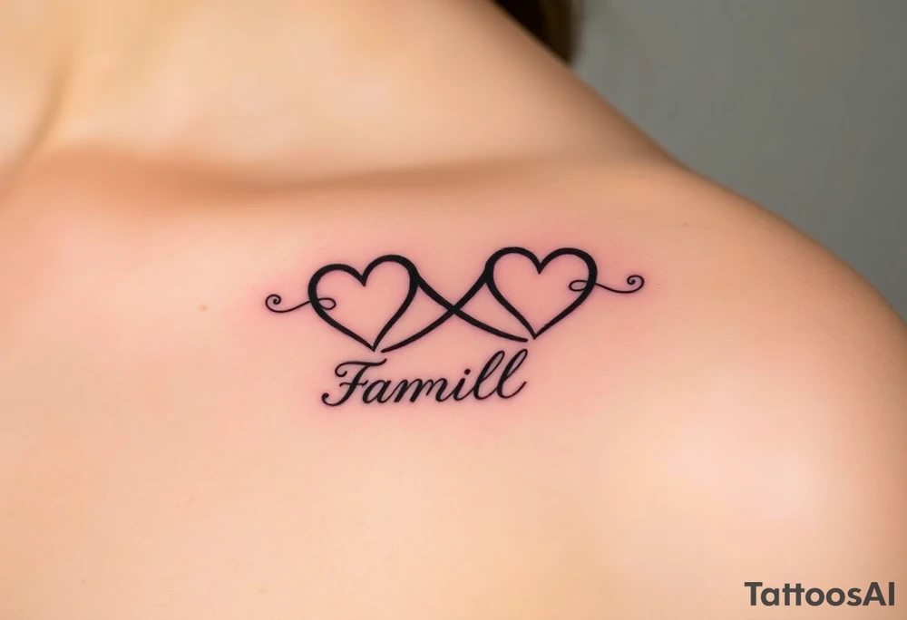 An infinity symbol with two hearts at each end, representing the couple and children, with the word "family" written in flowing script, showing the endless bond tattoo idea