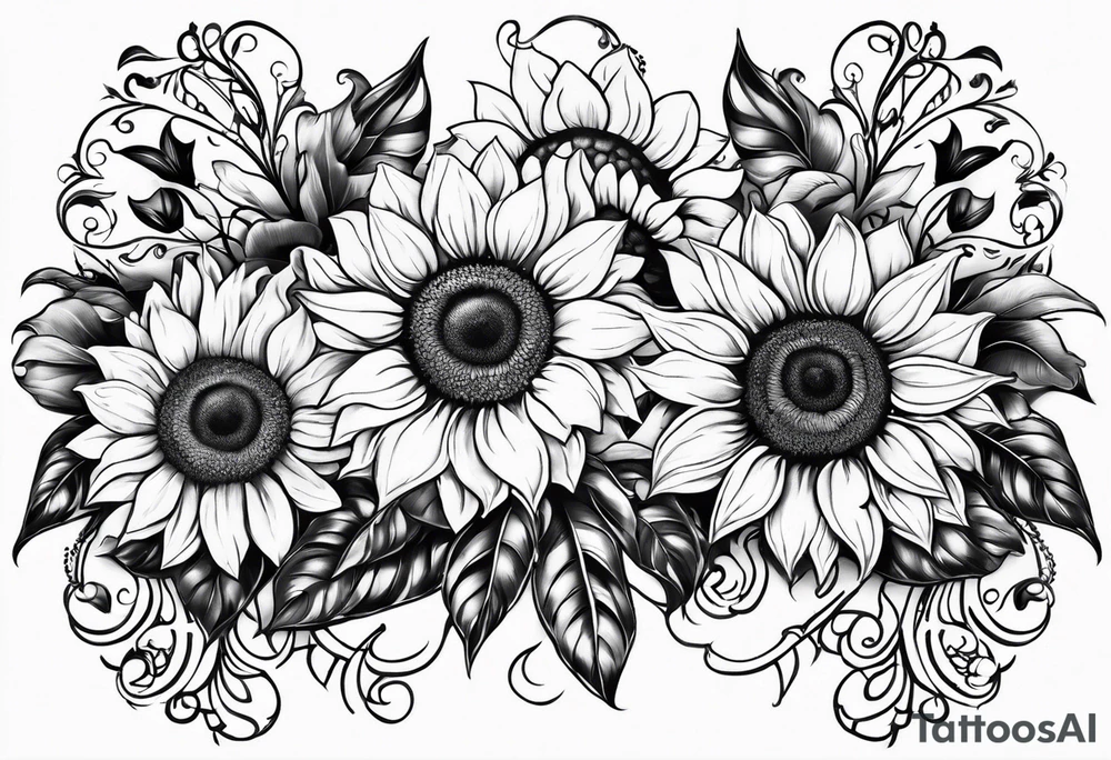 NAJE in edwardian script with symmetrical sunflowers around it tattoo idea