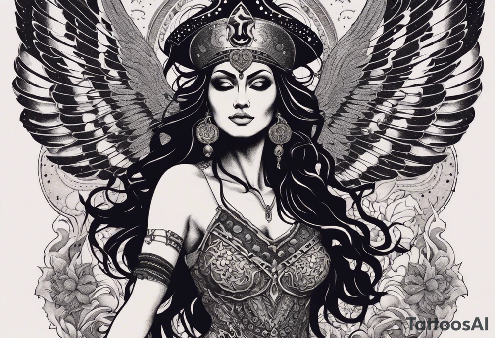 black kali, goddess pirate, alien, angel, pachamama, valkrye, warrior, flying, skull, lotus azul, wing, eagle, zenza resonance, stars, 5D, anahata chakra, death, durga, riding on a tiger, flying lady, chest tatoo tattoo idea