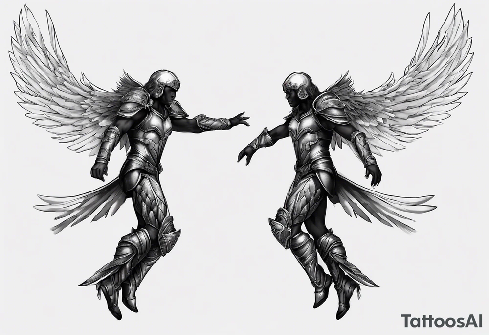 Side view of an black angel wearing inorganic armor that is in mid-air ready to attack tattoo idea