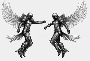 Side view of an black angel wearing inorganic armor that is in mid-air ready to attack tattoo idea