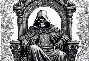 Grim reaper holing 2 desert eagles on a throne. tattoo idea