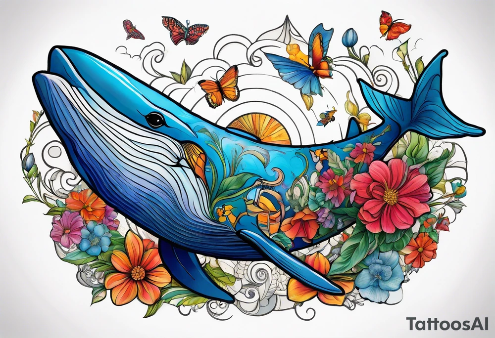 Surrealism, blue whale, hummingbird, hot air balloon, flowers, bold color, collage tattoo idea