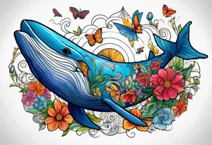 Surrealism, blue whale, hummingbird, hot air balloon, flowers, bold color, collage tattoo idea