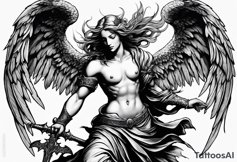 Angel with long sword on a pile of dead demons in etchwork style tattoo idea