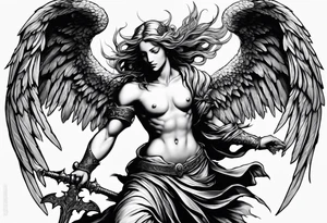 Angel with long sword on a pile of dead demons in etchwork style tattoo idea