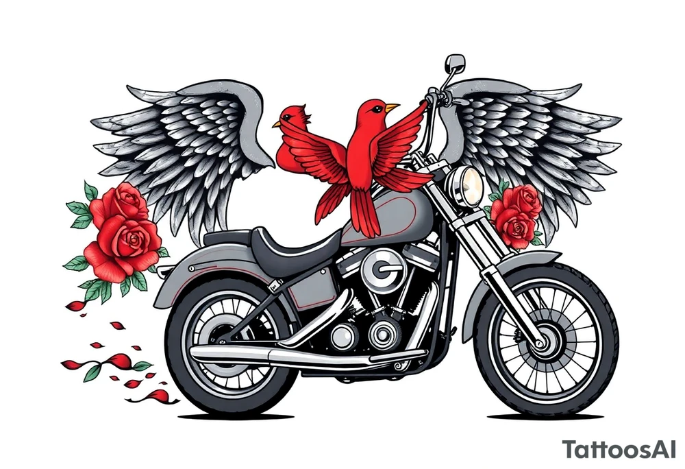 Harley grey motorcycle driving away, two red birds flying, roses, flames, angel wings tattoo idea