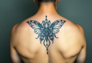 Elegant spine tattoo with lotus flower and butterfly with cracked wings tattoo idea
