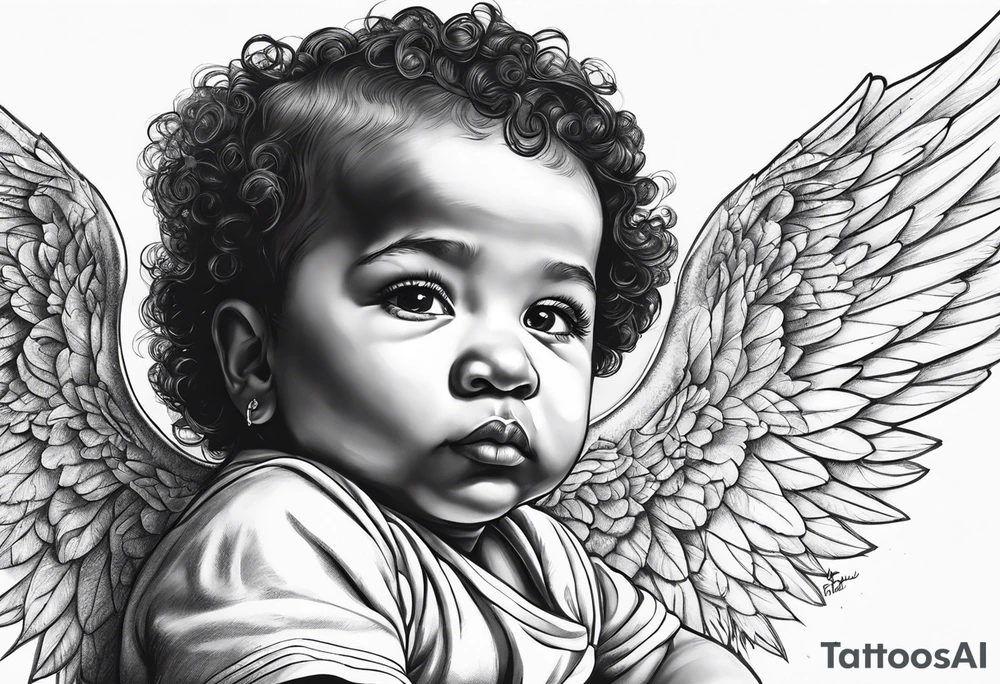 Mixed raced baby angel with Isaiah written underneath tattoo idea