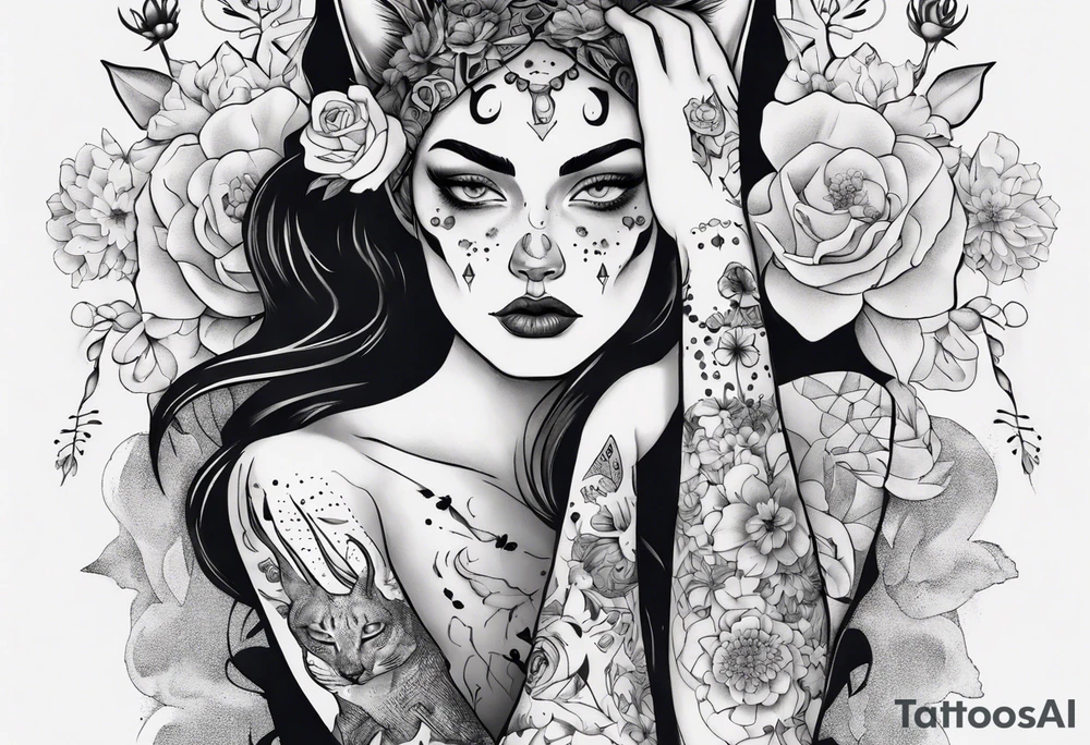 B&w tattoo arm with flowers dotting work and with an cat in it and a dark elf woman Scandinavian tattoo idea