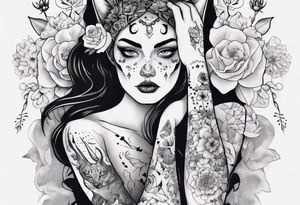 B&w tattoo arm with flowers dotting work and with an cat in it and a dark elf woman Scandinavian tattoo idea
