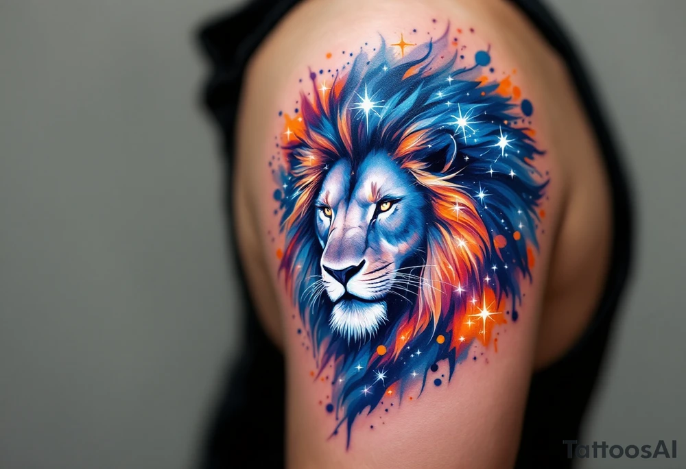 A fierce lion outlined in stardust white roams across a watercolor canvas of midnight blues and fiery oranges with bold Lion star constellation tattoo idea