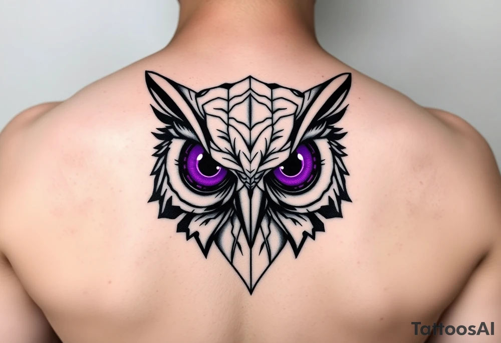 Geometric Owl head with large intense tripping purple eyes without pupils, cyber tattoo idea