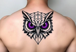 Geometric Owl head with large intense tripping purple eyes without pupils, cyber tattoo idea