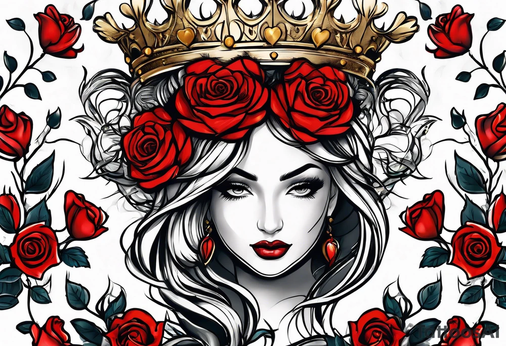 the red rose queen's golden crown with a heart tattoo idea