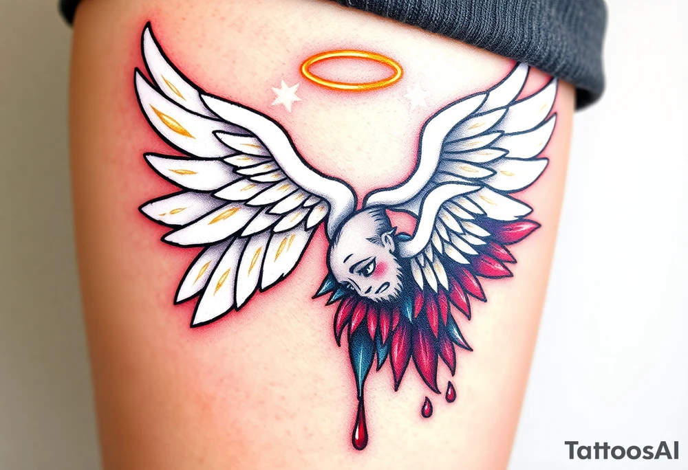 Seraphim angel, with brilliant white wings that shine with golden accents and divine light, is contrasted with a fallen angel, whose wings are tattered and darkened with deep purples, reds, and blacks, dripping with sorrowful tears of blood. tattoo idea