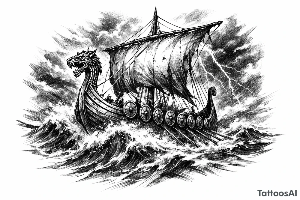 Viking longship sailing through stormy, cresting waves, dark sky. tattoo idea