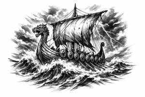 Viking longship sailing through stormy, cresting waves, dark sky. tattoo idea
