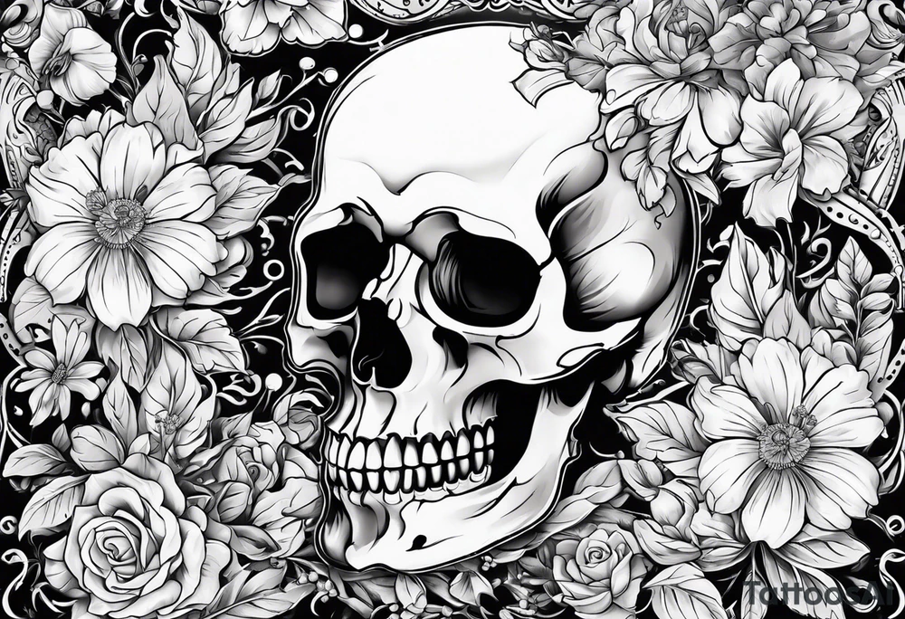 neck tattoo stencil of skull and flowers about pain and struggle in new school or polka trash style tattoo idea