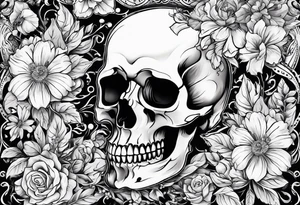 neck tattoo stencil of skull and flowers about pain and struggle in new school or polka trash style tattoo idea