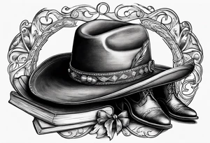 worn cowboy hat and lasso and boots with scroll letter next to it “with a dream in my eye and a prayer in my heart” tattoo idea