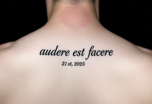Do a tattoo on a guys forearm with the text ”audere est facere” and ” 21 st may 2025 ” under the text tattoo idea