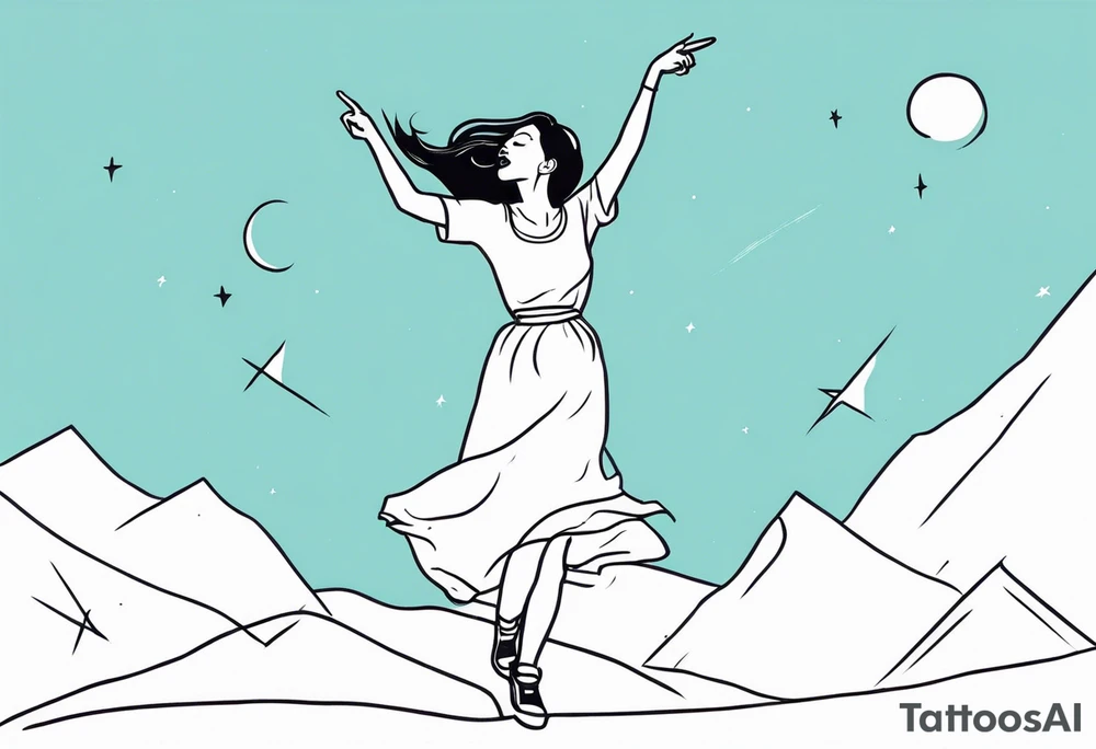 Silly. odd woman ugly dancing pointing her fingers up in the sky. tattoo idea