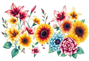 6 vintage star gazer lillies some yellow some red wild roses and sunflowers and hydrangea tattoo idea